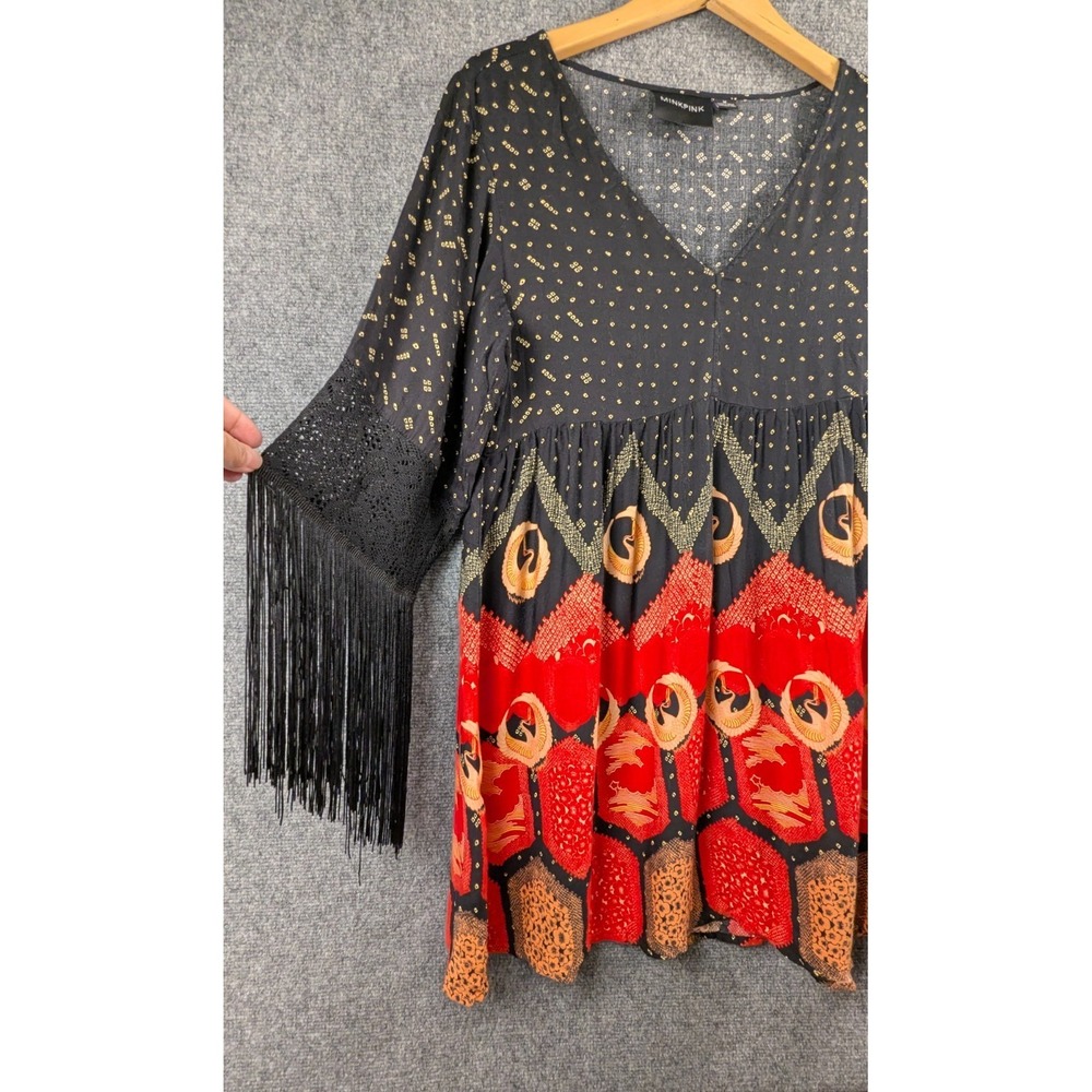 MinkPink Boho Fringe Sleeve Tunic Dress Black Red Print Bell Sleeve Women's M